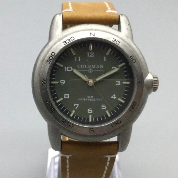 Coleman Watch Men 42mm Silver Tone Green Dial Brown Leather Band New Battery